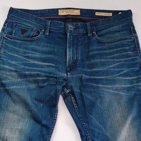 Vintage Guess Jeans Robertson men's size 34 distressed denim blue slim tapered - Picture 2 of 16